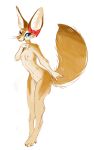  anthro blue_sclera bow_tie breasts canid canine ear_bow female fennec fox fur hoot_(artist) leaning leaning_forward mammal multi_nipple multicolored_body multicolored_fur nipples nude one_eye_closed simple_background solo standing whiskers white_background 