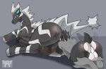  2022 absurd_res anal animal_genitalia animal_penis anthro balls big_balls big_butt black_penis butt deep_rimming duo equine_penis eyes_closed feral frostyribbons genitals hi_res looking_back male male/male nintendo obstagoon oral penis pok&eacute;mon pok&eacute;mon_(species) rear_view rimming sex simple_background size_difference small_dom_big_sub tail_motion tailwag thick_thighs video_games zebstrika 
