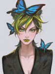  1girl blonde_hair bug butterfly cateille closed_mouth collarbone double_bun ear_piercing green_hair green_lips grey_background highres jacket jojo_no_kimyou_na_bouken kujo_jolyne lips lipstick looking_at_viewer makeup multicolored_hair piercing simple_background solo stone_ocean upper_body 