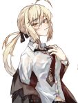  1girl absurdres alternate_costume artoria_pendragon_(fate) black_ribbon blonde_hair chaldea_logo collared_shirt fate/grand_order fate_(series) hair_between_eyes highres jayvee long_hair looking_at_viewer loose_necktie mouth_hold necktie off_shoulder patreon_logo pixiv_logo ponytail ribbon saber_alter shirt solo twitter_logo undressing untying upper_body white_shirt yellow_eyes 