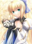  1boy 1girl ahoge artoria_pendragon_(caster)_(fate) artoria_pendragon_(fate) bangs black_gloves blonde_hair blue_bow blush_stickers bow cape closed_eyes closed_mouth clothing_cutout collarbone commentary_request diamond_hairband dress elbow_gloves eyebrows_visible_through_hair fate/grand_order fate_(series) fur-trimmed_cape fur_trim gloves gold_trim green_eyes grin hair_between_eyes hair_bow hair_ornament holding holding_person juliet_sleeves long_hair long_sleeves migiha miniboy oberon_(fate) ponytail puffy_sleeves short_hair sidelocks size_difference smile upper_body very_long_hair white_cape white_dress white_footwear wide_sleeves 