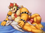  2022 anthro armband bed bedding belly big_belly big_muscles blush body_hair bowser bracelet chest_hair claws collar danipika duo erection eyebrows facial_hair furniture genitals hair handjob hi_res horn human human_on_anthro humanoid_genitalia humanoid_penis interspecies jewelry koopa larger_anthro lying male male/male mammal mario_bros musclegut muscular muscular_anthro muscular_male navel nintendo nude on_back on_bed on_side open_mouth open_smile overweight overweight_anthro overweight_male penile penis penis_size_difference scalie sex shell signature size_difference smaller_human smile spiked_armband spiked_bracelet spiked_collar spiked_shell spikes spikes_(anatomy) stubble teeth tongue vein video_games 