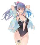  1girl arms_up blue_eyes blue_hair breasts character_request collarbone copyright_request feet_out_of_frame flower hair_flower hair_ornament highres large_breasts navel onacia open_clothes open_mouth ponytail simple_background smile solo standing stomach swimsuit thighhighs white_background 