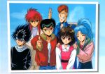  1990s_(style) 2girls 4boys bandaid bandaid_on_face black_hair botan_(yu_yu_hakusho) brown_eyes brown_hair casual green_eyes grin hands_on_another&#039;s_shoulders headband hiei_(yu_yu_hakusho) high_ponytail jacket kurama_(yu_yu_hakusho) kuwabara_kazuma light_blue_hair long_hair long_sleeves looking_at_viewer multiple_boys multiple_girls non-web_source official_art open_mouth pompadour red_eyes red_hair red_jacket retro_artstyle short_hair smile urameshi_yusuke yu_yu_hakusho yukimura_keiko 