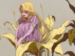  1girl beige_background blonde_hair closed_eyes dress facing_viewer flower full_body gori_matsu highres hugging_own_legs juliet_sleeves knees_to_chest lips long_hair long_sleeves on_flower oversized_flowers puffy_sleeves purple_dress purple_lips rapunzel_(disney) serious shade simple_background sitting solo striped striped_sleeves tangled thick_lips vertical_stripes very_long_hair yellow_flower 