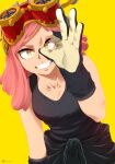  +_+ 1girl absurdres black_gloves black_shirt boku_no_hero_academia breasts cleavage clothes_around_waist collarbone gloves goggles goggles_on_head grin hatsume_mei highres jacket jacket_around_waist large_breasts leaning_forward looking_at_viewer medium_hair pink_hair ribbed_shirt shirt simple_background sleeveless sleeveless_shirt smile solo stayaliveplz symbol-shaped_pupils yellow_background yellow_eyes 