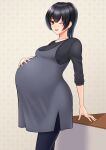  1girl bangs black_hair black_shirt breasts commentary_request eyebrows_visible_through_hair hand_on_own_stomach highres kazuu_(asuuru) looking_at_viewer medium_breasts medium_hair one_eye_closed open_mouth original ponytail pregnant shirt solo 
