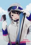  1girl :d black_hair blue_sky brown_eyes coat dated day gloves goggles goggles_on_head grey_headwear hat highres hiroe_(cosmos_blue-02_421) original outdoors personification ski_pole skis sky smile solo upper_body white_gloves 