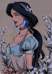  1girl aladdin_(disney) arms_at_sides bare_shoulders beige_background black_hair black_lips blue_choker blue_flower blue_hairband breasts choker cleavage dark-skinned_female dark_skin diadem earrings egyptian_clothes eyelashes flower from_side gori_matsu grey_eyes hair_flower hair_ornament hair_strand hairband highres holding holding_flower jasmine_(disney) jewelry leaf lips long_eyelashes long_hair low_ponytail medium_breasts off_shoulder pendant pendant_choker profile puffy_short_sleeves puffy_sleeves see-through shiny shiny_skin short_sleeves simple_background solo strapless thick_eyebrows thick_lips tube_top upper_body very_long_hair 