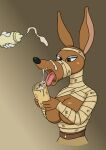  2022 amunet_(ducktales) anthro anubian_jackal bandage big_breasts big_ears black_eyeliner blue_eyeshadow breasts brown_body brown_eyes brown_fur brown_skin canid canine canis digital_media_(artwork) disney ducktales ducktales_(2017) eyeliner eyeshadow female front_view fur gradient_background hi_res jackal long_ears looking_down makeup mammal mostly_nude nipples open_mouth portrait simple_background solo vylfgor 