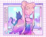  animal bishoujo_senshi_sailor_moon blonde_hair cat city cloud hano_luno highres holding holding_animal jacket luna_(sailor_moon) moon moon_(symbol) mspaint_(software) pink_jacket star_(symbol) tsukino_usagi vaporwave windows_desktop 