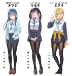  3girls :d :o ^^^ ^_^ ahoge bangs black_hair black_legwear black_shirt blonde_hair blue_cardigan blue_hair blue_neckwear blush braid breasts brown_cardigan brown_footwear brown_legwear cardigan cardigan_around_waist closed_eyes closed_mouth clothes_around_waist clothing_cutout color_guide cropped_torso cross cross_earrings earrings eyebrows_visible_through_hair facing_viewer full_body gradient_hair green_eyes green_hair grey_footwear grey_skirt grin gurande_(g-size) hair_between_eyes head_tilt high-waist_skirt highres jacket jewelry limone_(gurande) loafers long_hair long_sleeves looking_at_viewer medium_breasts mikuri_(gurande) multicolored_hair multiple_girls multiple_views nail_polish natsumi_(gurande) no_shoes nose_blush open_cardigan open_clothes open_jacket open_mouth original own_hands_together pantyhose parted_lips pink_hair pink_nails plaid plaid_skirt pleated_skirt purple_eyes ring sailor_collar school_uniform shirt shirt_overhang shoes shoulder_cutout simple_background single_braid skirt sleeveless sleeveless_shirt small_breasts smile standing streaked_hair tears twintails two-tone_hair upper_body v-shaped_eyebrows very_long_hair wavy_mouth white_background white_sailor_collar white_shirt yellow_eyes yellow_jacket 