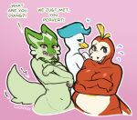 &lt;3 ambiguous_gender anthro blush bodily_fluids breasts covering covering_breasts dialogue disgust female fuecoco fur green_body green_fur group nude pawpads quaxly red_body red_scales scales shukin shy smug sprigatito sweat 