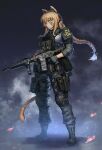  1girl animal_ears armor assault_rifle belt_pouch black_footwear blonde_hair body_armor boots braid brn-180 camouflage camouflage_pants cat_ears cat_tail closed_mouth commission cross-laced_footwear dated_commentary english_commentary facepaint from_side frown full_body gloves grey_background grey_gloves grey_pants grey_shirt gun handgun headset hetza_(hellshock) holding holding_weapon holstered_weapon knee_pads long_hair looking_at_viewer magazine_(weapon) military original pants pistol pouch rifle shirt shoulder_armor single_braid slit_pupils smoke solo standing tail trigger_discipline very_long_hair weapon yellow_eyes 