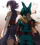  1boy 1girl absurdres anagumasan animal_ears animal_hood back-to-back bangs bare_arms belt belt_pouch boku_no_hero_academia breasts dark_blue_hair fake_animal_ears freckles gloves green_eyes green_hair green_jumpsuit hair_between_eyes hair_blowing half-closed_eyes highres holding holding_weapon hood jumpsuit knee_pads lady_nagant large_breasts looking_at_viewer mask mask_around_neck mask_removed messy_hair midoriya_izuku mouth_mask pouch rabbit_ears scarf serious shin_guards short_hair skirt solo superhero torn_clothes twitter_username weapon white_gloves wind 