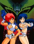 1980s_(style) 2girls armlet bangs blue_eyes blue_hair breasts cleavage cowboy_shot dark-skinned_female dark_skin dirty_pair earrings gloves gun hand_on_hip headband highres holding holding_gun holding_weapon jewelry kei_(dirty_pair) long_hair looking_at_viewer medium_breasts midriff multiple_girls navel non-web_source official_art one_eye_closed open_mouth outstretched_arm pointing pointing_at_viewer red_eyes red_hair retro_artstyle ruins short_hair single_glove weapon yuri_(dirty_pair) 