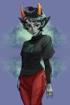  2018 alien black_hair blue_background clothing cloud dress female hair hi_res homestuck horn humanoid humanoid_pointy_ears kanaya_maryam lipstick makeup ms_paint_adventures portrait shirt short_hair simple_background smile solo three-quarter_portrait topwear troll_(homestuck) turtleneck undershirt webcomic yellow_sclera 