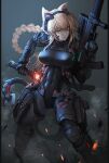  1girl animal_ears arm_armor armor assault_rifle black_bodysuit blonde_hair bodysuit braid breasts check_copyright commission copyright_request covered_abs covered_navel english_commentary feet_out_of_frame grey_background gun handgun headphones hetza_(hellshock) holding holding_weapon holstered_weapon large_breasts leg_armor long_hair looking_at_viewer original parted_lips pistol rifle science_fiction sheath sheathed single_braid solo standing sword tail tight trigger_discipline very_long_hair weapon yellow_eyes 