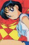  1990s_(style) 1girl bangs bishoujo_senshi_sailor_moon blue_choker blue_eyes blue_hair choker closed_mouth earrings head_tilt itou_ikuko jewelry leotard looking_at_viewer mizuno_ami non-web_source official_art retro_artstyle sailor_mercury sailor_senshi_uniform short_hair smile solo stud_earrings tiara 