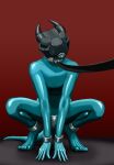  2017 all_fours ankle_cuffs anthro bdsm blindfold blue_rubber bodysuit bondage bound chastity_device clothing collar cuff_(restraint) first_person_view gimp_suit glistening glistening_clothing head_tilt hood leash leashing_pov lizard male mitokep reptile restraints rubber rubber_clothing rubber_suit scalie shock_collar simple_background skinsuit slave solo submissive submissive_male tight_clothing wrist_cuffs 