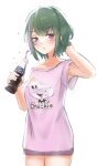  1girl arm_behind_head bangs blush bottle cola drinking_straw flying_sweatdrops green_hair hamsta highres holding holding_bottle indie_virtual_youtuber multicolored_hair pink_shirt print_shirt purple_eyes shirt short_hair shorts solo streaked_hair terumi_koizumi two-tone_hair virtual_youtuber 