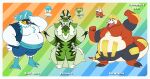  2022 absurd_res anthro belly biped blue_body chocowerehound fak&eacute;mon fuecoco green_body group hi_res humanoid_hands nintendo overweight pok&eacute;mon pok&eacute;mon_(species) quaxly red_body sprigatito text video_games 