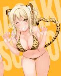  1girl animal_ears animal_print bangs bikini blonde_hair braid breasts cleavage collarbone french_braid highres hino_minato_(spec.c) leopard_ears leopard_girl leopard_print leopard_tail love_live! love_live!_nijigasaki_high_school_idol_club medium_hair miyashita_ai navel orange_eyes paw_pose ponytail sidelocks swimsuit tail yellow_eyes 