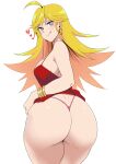  1girl absurdres ahoge ass bangle bangs blonde_hair bracelet breasts clothes_lift commentary_request cowboy_shot dimples_of_venus dress dress_lift earrings eyebrows_visible_through_hair from_behind heart highres hoop_earrings jewelry licking_lips long_hair looking_at_viewer minakami_(flyingman555) panties panty_&amp;_stocking_with_garterbelt panty_(psg) pink_panties red_dress shiny shiny_hair simple_background sleeveless sleeveless_dress solo thick_thighs thighs thong tongue tongue_out twisted_torso underwear v-shaped_eyebrows 