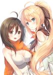 2girls :d ahoge bangs bare_shoulders blonde_hair blue_eyes blush breasts brown_eyes brown_hair brown_ribbon cleavage commentary_request copyright_request dress elf eyebrows_visible_through_hair hair_between_eyes hair_ribbon hand_up highres long_hair looking_at_viewer looking_to_the_side medium_breasts multiple_girls nakamura_hinato orange_scarf parted_lips pointy_ears ponytail ribbon scarf simple_background smile strapless strapless_dress very_long_hair white_background white_dress 