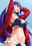  1girl arms_up bangs bikini black_bikini blue_eyes breasts choker cleavage earrings fate/grand_order fate_(series) jacket jewelry large_breasts long_hair long_sleeves looking_at_viewer martha_(fate) martha_(swimsuit_ruler)_(fate) midori_aoi navel open_clothes open_jacket open_mouth purple_hair red_jacket smile swimsuit wet 
