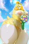  absurd_res animal_crossing anthro areola belly big_breasts black_nose blonde_hair bouquet breasts canid canine canis chubby_anthro chubby_female clothing cloud domestic_dog dress eyes_closed female flower hair happy hi_res isabelle_(animal_crossing) mammal navel nintendo nipples open_mouth open_smile outside plant princess_samoyed shih_tzu sky slightly_chubby smile solo toy_dog video_games wedding_dress yellow_body yellow_tail 