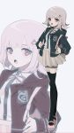  1girl :o backpack bag bangs black_jacket black_shirt blush brown_skirt collared_shirt danganronpa_(series) danganronpa_2:_goodbye_despair dress_shirt etklgsscizgnglq full_body galaga grey_background hair_ornament jacket medium_hair miniskirt multiple_views nanami_chiaki neck_ribbon open_clothes open_jacket open_mouth pink_footwear pleated_skirt ribbon shiny shiny_hair shirt shirt_tucked_in shoes simple_background skirt thighhighs zettai_ryouiki 