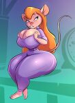  anthro barefoot big_breasts bite biting_lip blonde_hair breasts chip_&#039;n_dale_rescue_rangers clothing disney emmabrave feet female gadget_hackwrench hair hi_res huge_breasts jumpsuit long_hair mammal mouse murid murine rodent solo solo_focus tagme thick_thighs wide_hips 