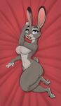  absurd_res anthro blue_bender breasts disney female fur grey_body grey_fur hi_res judy_hopps lagomorph leporid lying mammal nude on_side rabbit solo teeth zootopia 