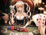  1girl 2others absurdres ace_of_clubs ace_of_hearts ace_of_spades alcohol arm_tattoo bangs black_dress black_hairband blonde_hair blush breasts card casino casino_card_table choker cleavage closed_mouth club_(shape) commentary cup dress drinking_glass earrings eichi_(skskdi12z) english_commentary eyebrows_visible_through_hair facial_tattoo gambling grey_choker gun hair_ornament hairband hairclip handgun heart heart_tattoo highres holding holding_card indoors jewelry large_breasts low-cut multiple_others nail_polish off_shoulder original pistol playing_card poker_chip pov pov_hands red_eyes short_sleeves spade_(shape) tattoo twintails two_side_up watch weapon wine wine_glass 
