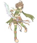  1girl arrow_(projectile) bangs belt boots bow_(weapon) breasts brown_belt cleavage closed_mouth commentary_request fingerless_gloves full_body gloves green_gloves green_legwear green_scarf green_shorts green_tube_top holding holding_bow_(weapon) holding_weapon looking_at_viewer midriff pouch ragnarok_online ranger_(ragnarok_online) scarf shimotsuki_nozomi short_hair shorts simple_background small_breasts smile solo split_mouth strapless thighhighs tube_top weapon white_background 