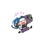  &gt;_&lt; 1girl :d arcane:_league_of_legends arcane_jinx arm_tattoo bandaid bandaid_on_leg bangs bowwow_(hamju94) braid chibi cloud_tattoo fang green_hair grey_background happy holding jinx_(league_of_legends) league_of_legends lowres pants rocket_launcher shiny shiny_hair shoes simple_background smile solo striped striped_pants tattoo teeth twin_braids twintails weapon 