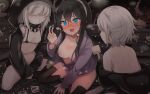  3girls abyssal_ship beans black_hair black_jacket black_legwear blue_eyes blush breasts cleavage collarbone enemy_naval_mine_(kancolle) glasses grin hair_between_eyes hairband hood hooded_jacket jacket kantai_collection large_breasts long_hair long_sleeves multiple_girls ooyodo_(kancolle) open_clothes open_jacket open_mouth pale_skin re-class_battleship sharp_teeth shin_(new) short_hair smile teeth thighhighs white_hair white_hairband 