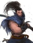  1boy armor bangs beard black_hair cape cowboy_shot facial_hair grey_background highres holding holding_weapon jang_ju_hyeon league_of_legends long_hair looking_at_viewer male_focus muscular muscular_male pants ponytail scar scar_on_face scar_on_nose simple_background solo torn_cape torn_clothes weapon yasuo_(league_of_legends) 