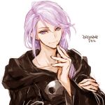  1boy artist_name bangs black_robe braid collarbone dated final_fantasy final_fantasy_xiv finger_to_own_chin hand_on_own_arm hand_up hood hood_down hooded_robe hythlodaeus looking_at_viewer male_focus mask mask_removed medium_hair portrait purple_eyes purple_hair side_braid signature simple_background single_braid sketch smile solo swept_bangs uroko_(mnr) white_background 