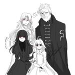  2boys 2girls altrouge_brunestud arcueid_brunestud black_cape black_dress black_hair blonde_hair brunestud_of_the_crimson_moon cape character_request closed_eyes dress facial_hair family fate_(series) father_and_daughter grandfather_and_granddaughter greyscale hair_intakes highres kischur_zelretch_schweinorg long_hair long_sleeves monochrome multiple_boys multiple_girls no_01r old old_man red_eyes shaded_face short_hair smile tsukihime very_long_hair white_cape white_dress 