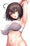  1girl ahoge armpits arms_behind_head arms_up azur_lane baltimore_(azur_lane) baltimore_(black_ace)_(azur_lane) bangs bare_arms bare_shoulders black_choker blush breasts brown_hair choker commentary_request covered_nipples hair_between_eyes lambda_(kusowarota) large_breasts looking_at_viewer looking_down navel nipples open_mouth puffy_nipples see-through short_hair simple_background solo sports_bra stomach upper_body white_background white_sports_bra yellow_eyes 