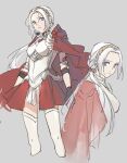  1girl alternate_costume alternate_hairstyle armor breasts cape closed_mouth edelgard_von_hresvelg fire_emblem fire_emblem:_three_houses fire_emblem_warriors:_three_hopes gloves hair_ornament hair_ribbon highres long_hair long_sleeves looking_at_viewer nanao_parakeet official_alternate_costume official_alternate_hairstyle purple_eyes red_cape ribbon simple_background skirt solo white_hair 
