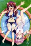  2girls absurdres bangs bare_legs bikini black_bikini blue_bikini breasts brown_eyes chiyoda_momo cleavage collarbone covering_navel day demon_girl demon_horns demon_tail from_above grass hair_between_eyes hair_ornament hair_scrunchie highres holding holding_water_gun horns hose long_hair looking_at_viewer lying machikado_mazoku megami_magazine mismatched_bikini multiple_girls navel official_art on_back one-piece_swimsuit outdoors outstretched_arm parted_lips partially_submerged red_hair satou_takamitsu scan scrunchie smile stomach swimsuit tail wading_pool water_gun wet white_swimsuit wrist_scrunchie yoshida_yuuko_(machikado_mazoku) 