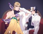  2boys bare_shoulders biceps black_hair blonde_hair boots carrying coat cross-laced_footwear crossed_legs diamond_wa_kudakenai dio_brando hat heart highres jojo_no_kimyou_na_bouken knee_pads kujo_jotaro lace-up_boots large_pectorals leotard less_end long_coat male_focus multiple_boys muscular muscular_male pants pants_rolled_up pectorals princess_carry red_eyes shirt sitting sleeveless sleeveless_turtleneck stardust_crusaders throne tight tight_shirt turtleneck untying white_coat yaoi 