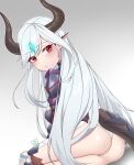  1girl absurdres armor ass bangs blush chym39 epic_seven eyebrows_visible_through_hair from_behind gem highres horns long_hair looking_back luna_(epic_seven) monster_girl pointy_ears red_eyes signature solo tail white_hair 