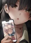  1girl bangs bikini black_eyes black_hair breasts cellphone earrings eyebrows_behind_hair eyebrows_visible_through_hair hair_between_eyes highres holding holding_phone jewelry large_breasts long_hair looking_at_viewer mishiranu_joshikousei_ni_kankin_sareta_mangaka_no_hanashi necklace open_clothes open_mouth phone ryouma_(galley) smartphone solo swimsuit upper_body 