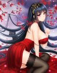  1girl absurdly_long_hair artist_name azur_lane bare_shoulders black_cat black_hair black_legwear breasts cat choker cocktail_dress dress evening_gown eyebrows_visible_through_hair garter_straps gigamessy hair_ornament highres lace-trimmed_legwear lace_trim large_breasts long_hair looking_at_viewer looking_to_the_side lying official_alternate_costume on_side purple_eyes red_choker red_dress solo taihou_(azur_lane) taihou_(forbidden_feast)_(azur_lane) very_long_hair 