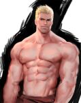  1boy abs bara blonde_hair blue_eyes closed_mouth jang_ju_hyeon large_pectorals male_focus muscular muscular_male navel nipples overwatch pectorals short_hair sideburns soldier:_76_(overwatch) solo spiked_hair topless_male upper_body 