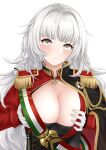  1girl aiguillette azur_lane bangs black_cape blush braid breasts cape cleavage closed_mouth commentary_request commission corset epaulettes eyebrows_visible_through_hair gloves grabbing_own_breast grey_eyes hair_intakes hair_ornament head_tilt highres hokkaidonder italian_flag jacket large_breasts long_hair looking_at_viewer partial_commentary pixiv_request red_jacket sash sidelocks silver_hair simple_background solo standing upper_body very_long_hair vittorio_veneto_(azur_lane) white_background white_gloves 